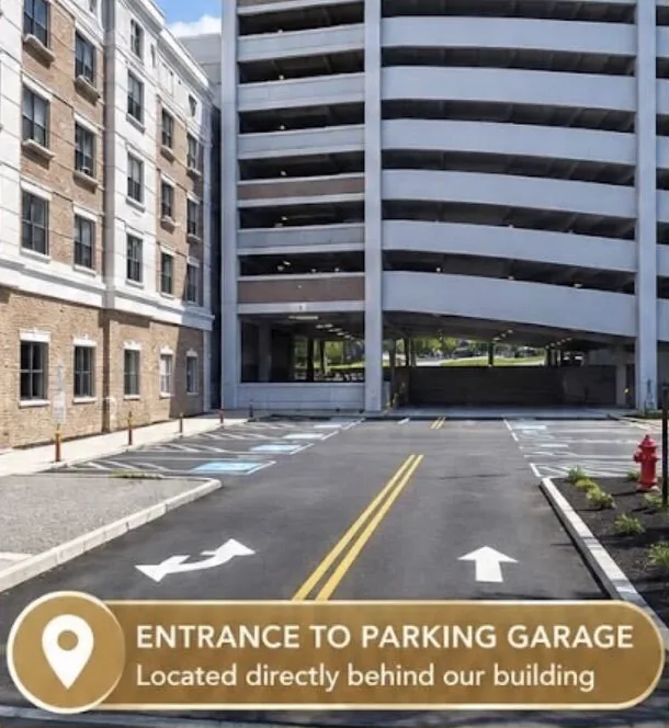 Entrance to the free patient parking garage directly behind the Harmony Smiles building in Roselle Park, NJ